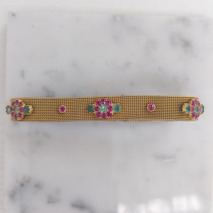Antique Victorian Emerald and Ruby Gold Mesh Bracelet