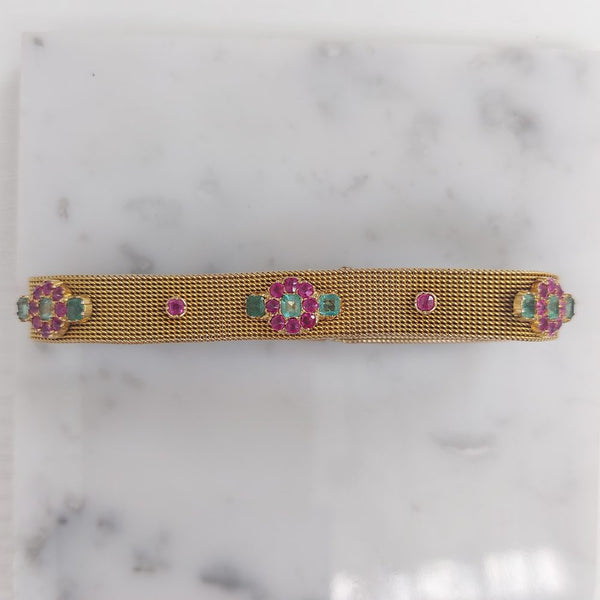 Antique Victorian Emerald and Ruby Gold Mesh Bracelet