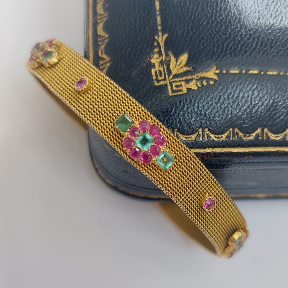 Antique Victorian Emerald and Ruby Gold Mesh Bracelet