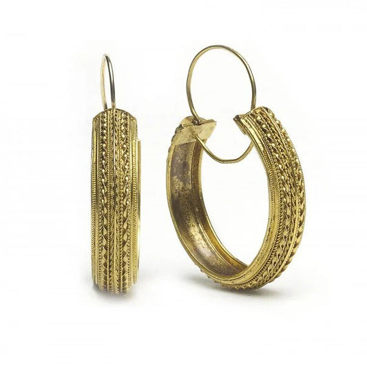 Antique Victorian Etruscan Revival 18ct Yellow Gold Hoop Earrings, Circa 1875
