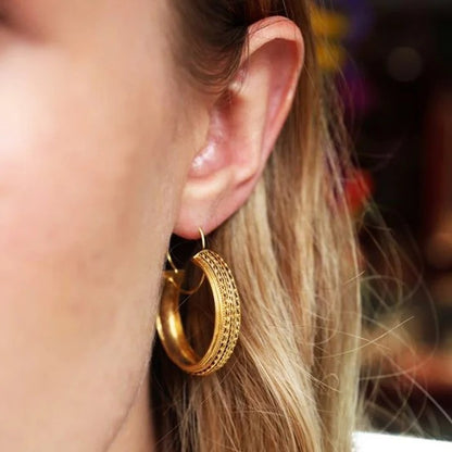 Antique Victorian Etruscan Revival 18ct Yellow Gold Hoop Earrings, Circa 1875