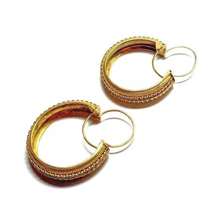 Antique Victorian Etruscan Revival 18ct Yellow Gold Hoop Earrings, Circa 1875