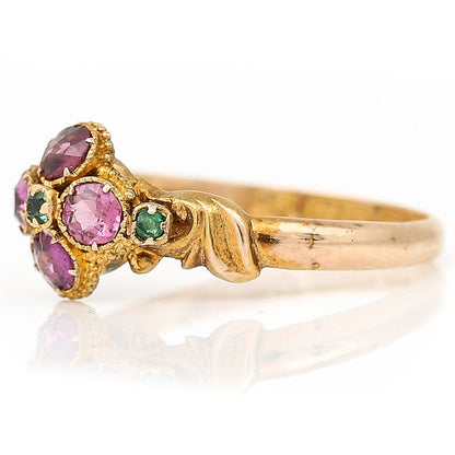 Antique Victorian Garnet and Emerald Cluster Ring in 15ct Gold, Mid 19th century Circa 1867