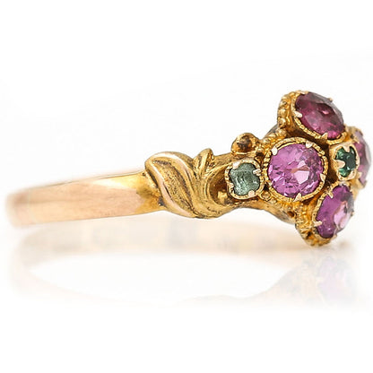 Antique Victorian Garnet and Emerald Cluster Ring in 15ct Gold, Mid 19th century Circa 1867