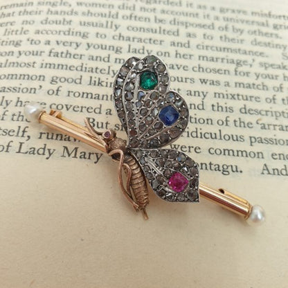 Antique Victorian Gem and Diamond Butterfly Brooch