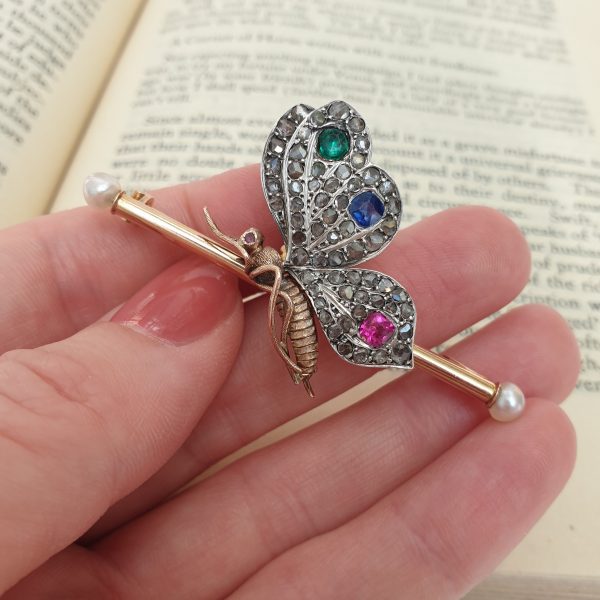 Antique Victorian Gem and Diamond Butterfly Brooch