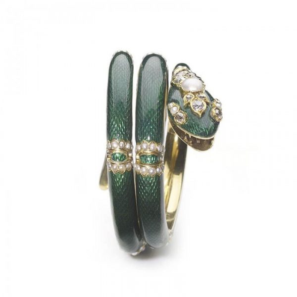 Antique Victorian Green Enamel Diamond Snake Bangle Bracelet