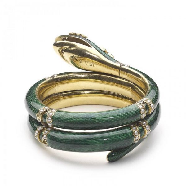 Antique Victorian Green Enamel Diamond Snake Bangle Bracelet