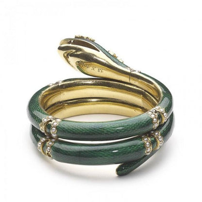 Antique Victorian Green Enamel Diamond Snake Bangle Bracelet