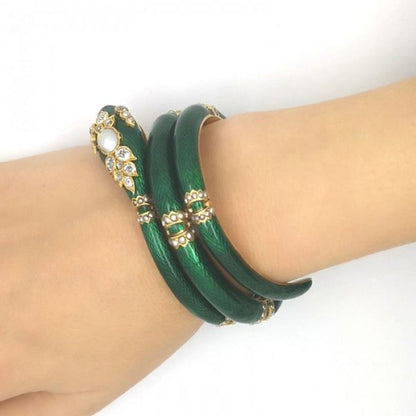 Antique Victorian Green Enamel Diamond Snake Bangle Bracelet