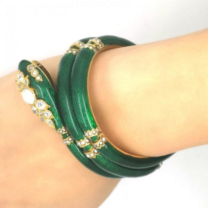 Antique Victorian Green Enamel Diamond Snake Bangle Bracelet