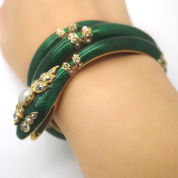 Antique Victorian Green Enamel Diamond Snake Bangle Bracelet