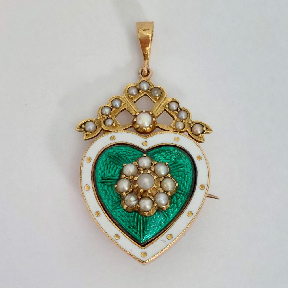 Antique Victorian Green Enamel and Pearl Heart Brooch Pendant
