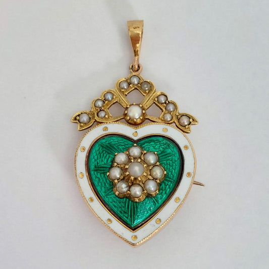 Antique Victorian Green Enamel and Pearl Heart Brooch Pendant