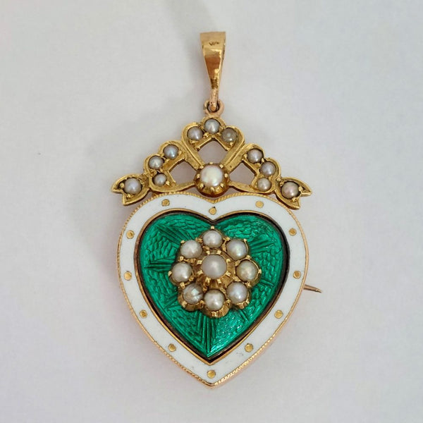Antique Victorian Green Enamel and Pearl Heart Brooch Pendant
