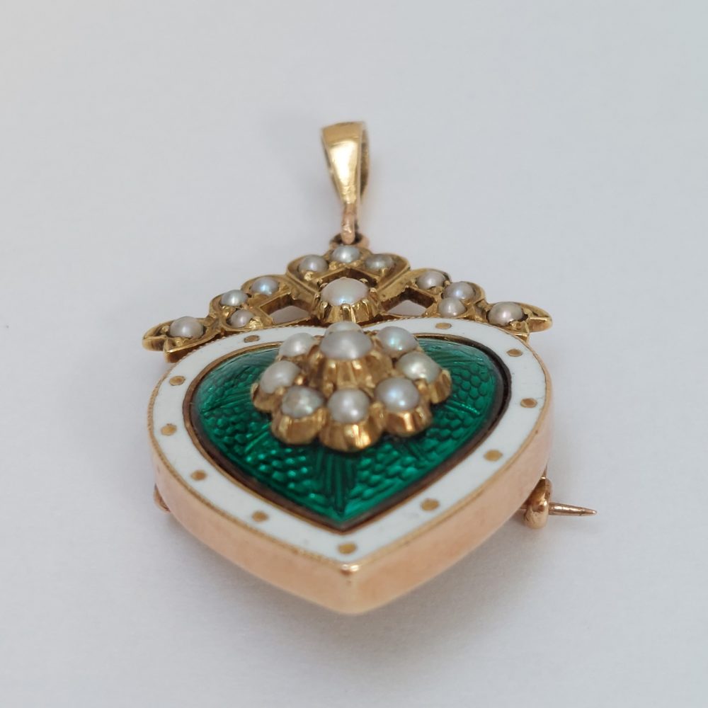 Antique Victorian Green Enamel and Pearl Heart Brooch Pendant
