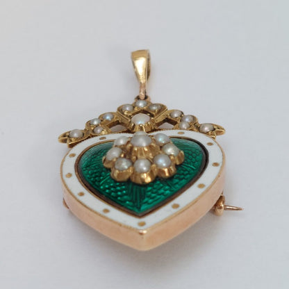 Antique Victorian Green Enamel and Pearl Heart Brooch Pendant
