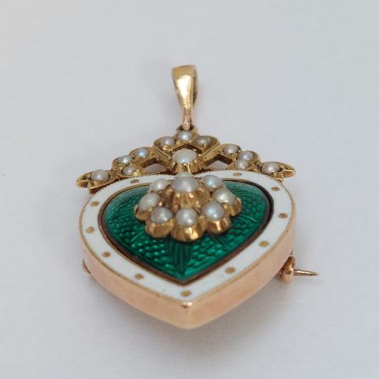 Antique Victorian Green Enamel and Pearl Heart Brooch Pendant