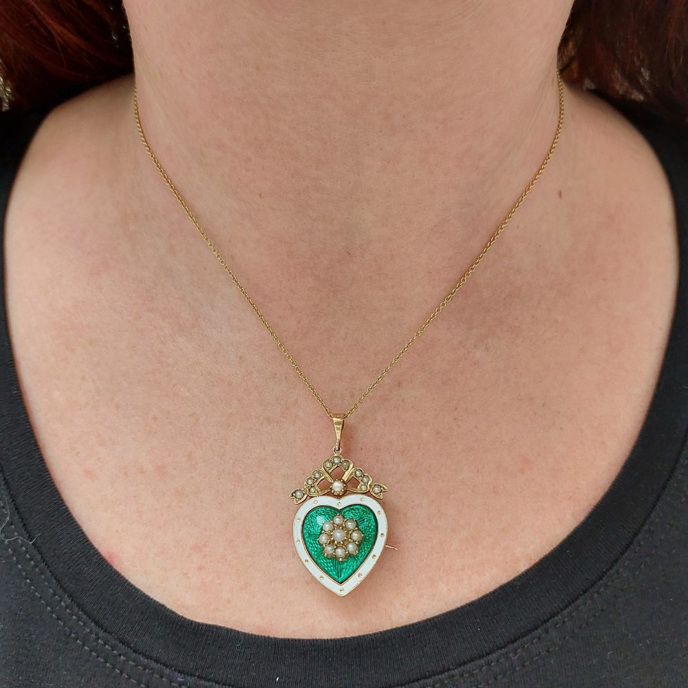 Antique Victorian Green Enamel and Pearl Heart Brooch Pendant
