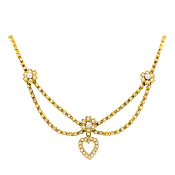 Antique Victorian Heart and Swag Pearl Gold Necklace