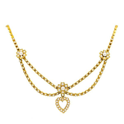 Antique Victorian Heart and Swag Pearl Gold Necklace