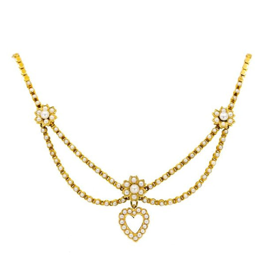 Antique Victorian Heart and Swag Pearl Gold Necklace