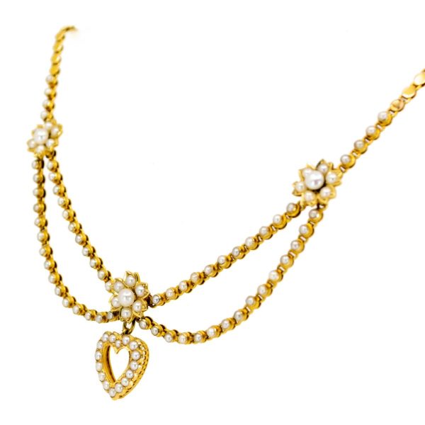 Antique Victorian Heart and Swag Pearl Gold Necklace