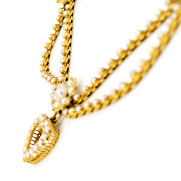 Antique Victorian Heart and Swag Pearl Gold Necklace
