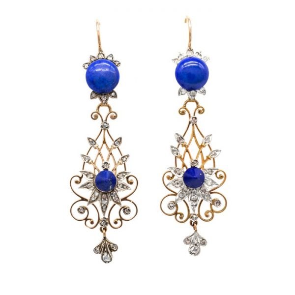 Antique Victorian Lapis Lazuli & Diamond Filigree Drop Earrings