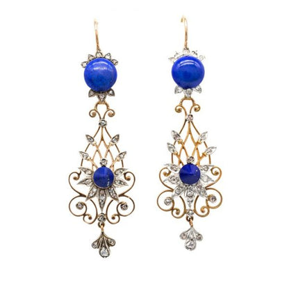 Antique Victorian Lapis Lazuli & Diamond Filigree Drop Earrings