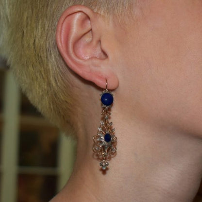 Antique Victorian Lapis Lazuli & Diamond Filigree Drop Earrings