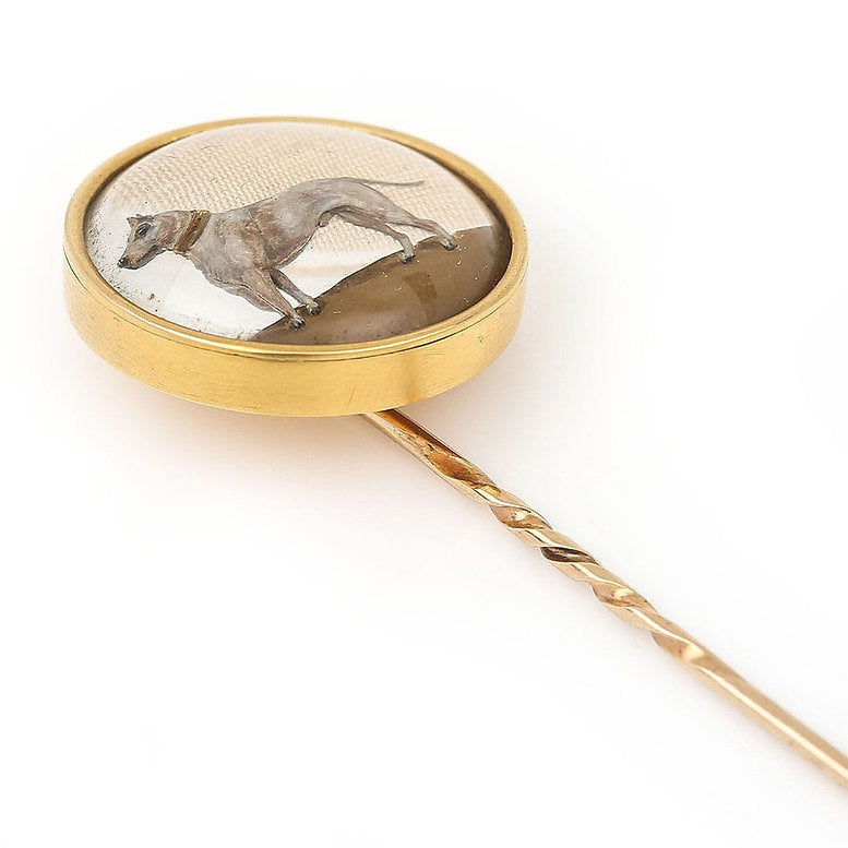 Antique Victorian Large Essex Crystal 15ct Gold Stick Pin depicting large white terrier dog