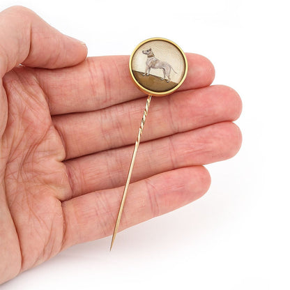 Antique Victorian Large Essex Crystal 15ct Gold Stick Pin depicting large white terrier dog