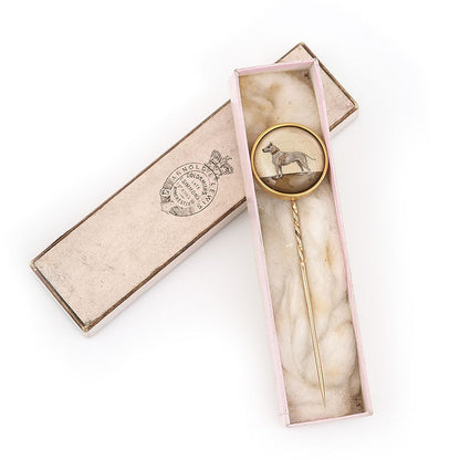 Antique Victorian Large Terrier Dog Essex Crystal 15ct Gold Stick Pin in original antique box