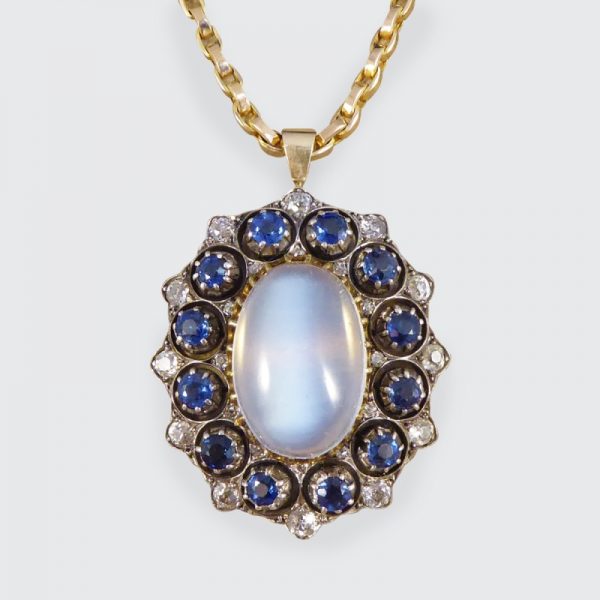 Antique Victorian Moonstone Sapphire & Diamond Pendant Necklace