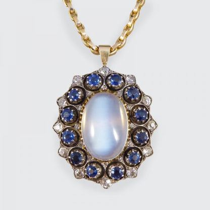Antique Victorian Moonstone Sapphire & Diamond Pendant Necklace