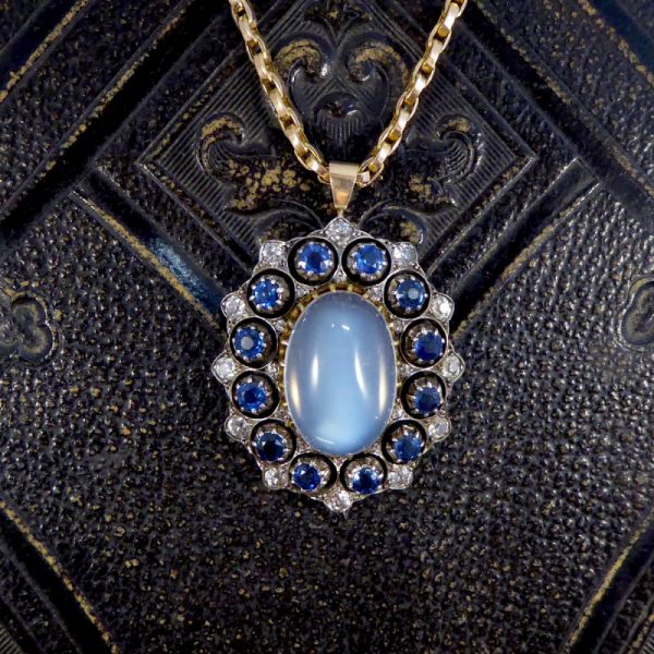 Antique Victorian Moonstone Sapphire & Diamond Pendant Necklace