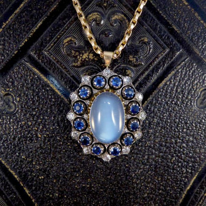 Antique Victorian Moonstone Sapphire & Diamond Pendant Necklace