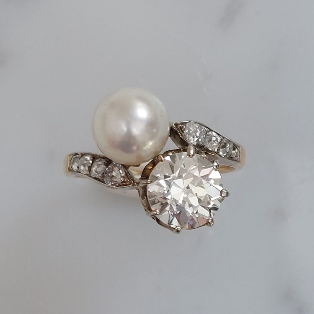 Antique Victorian Natural Pearl and 2ct Diamond Crossover Ring