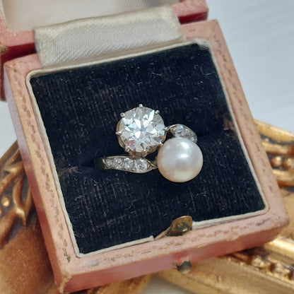 Antique Victorian Natural Pearl and 2ct Diamond Crossover Ring