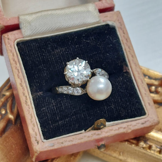 Antique Victorian Natural Pearl and 2ct Diamond Crossover Ring