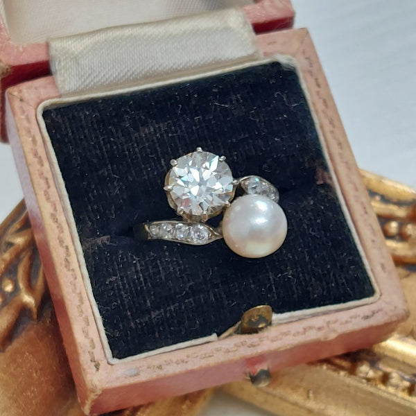Antique Victorian Natural Pearl and 2ct Diamond Crossover Ring