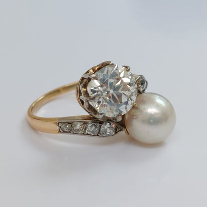 Antique Victorian Natural Pearl and 2ct Diamond Crossover Ring