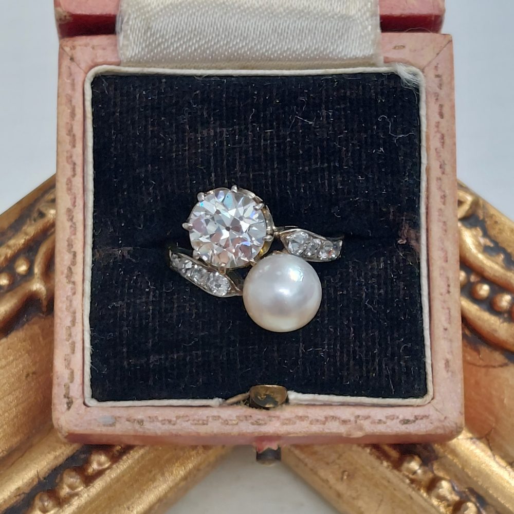 Antique Victorian Natural Pearl and 2ct Diamond Crossover Ring