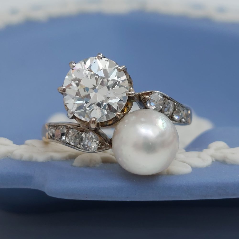 Antique Victorian Natural Pearl and 2ct Diamond Crossover Ring