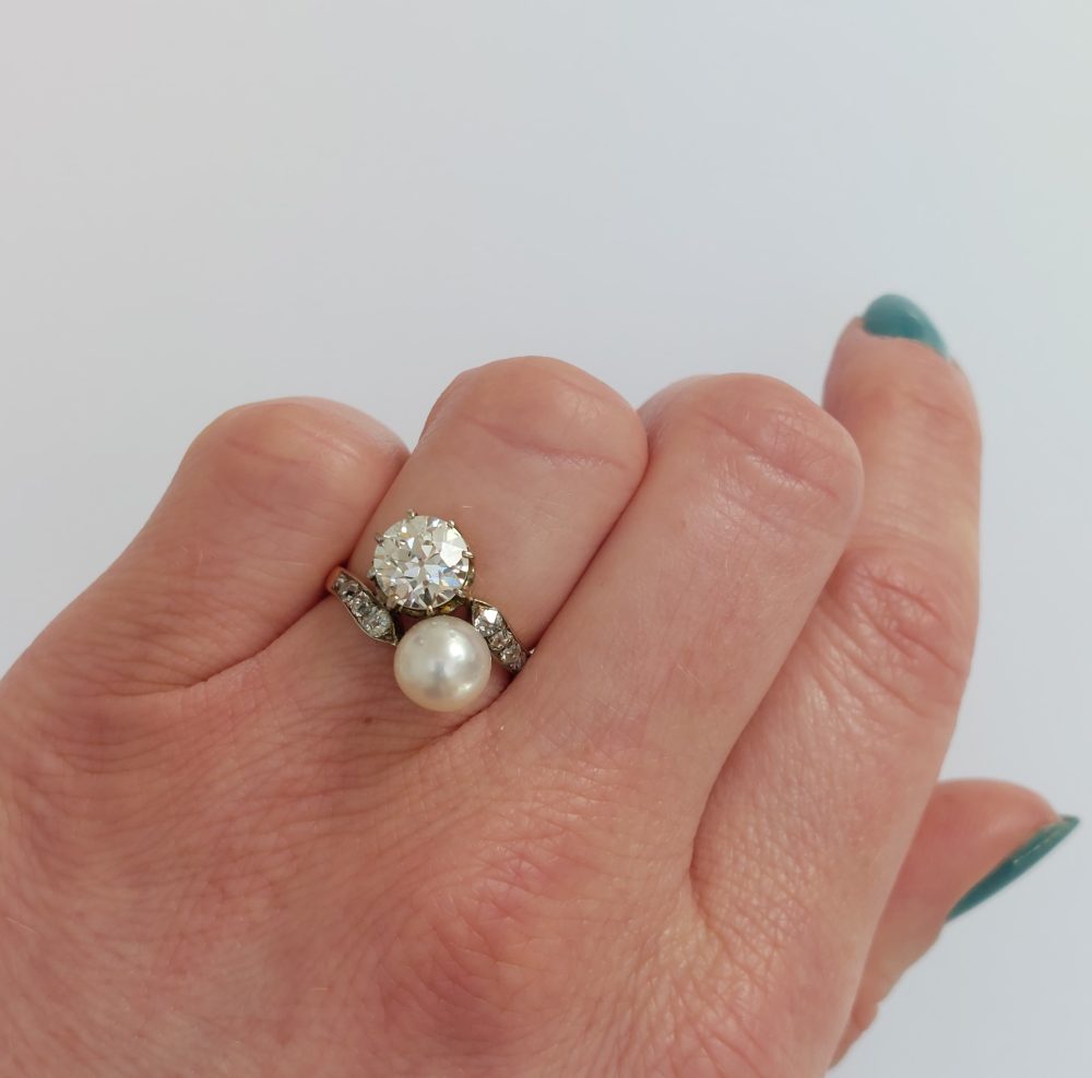 Antique Victorian Natural Pearl and 2ct Diamond Crossover Ring