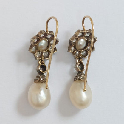 Antique Victorian Natural Pearl and Diamond Drop Earrings