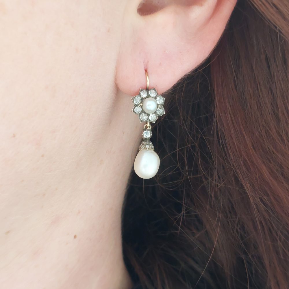 Antique Victorian Natural Pearl and Diamond Drop Earrings
