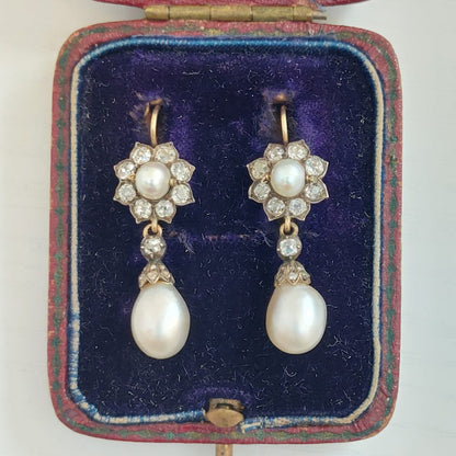 Antique Victorian Natural Pearl and Diamond Drop Earrings