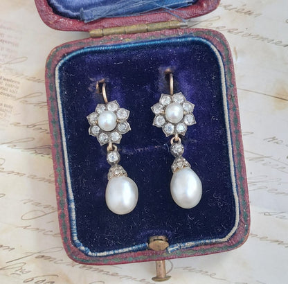 Antique Victorian Natural Pearl and Diamond Drop Earrings